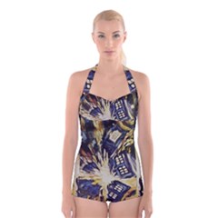 Tardis Doctor Who Pattern Boyleg Halter Swimsuit  by Cemarart