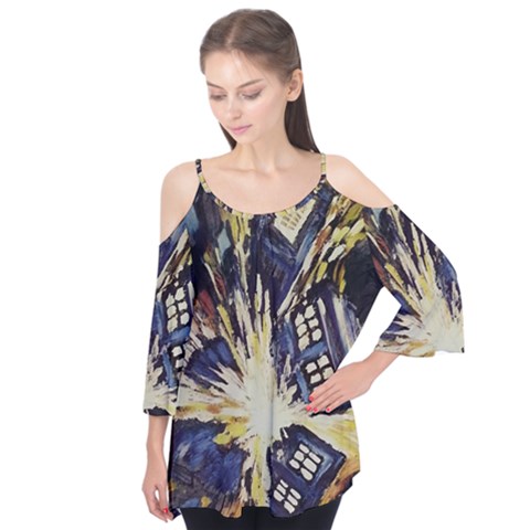 Tardis Doctor Who Pattern Flutter Sleeve T-shirt  by Cemarart