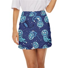Cat Astronaut Space Suit Pattern Mini Front Wrap Skirt by Cemarart