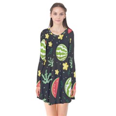 Watermelon Doodle Pattern Long Sleeve V-neck Flare Dress by Cemarart