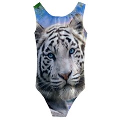 White Tiger Peacock Animal Fantasy Water Summer Kids  Cut-out Back One Piece Swimsuit by Cemarart