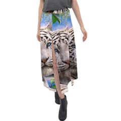 White Tiger Peacock Animal Fantasy Water Summer Velour Split Maxi Skirt by Cemarart