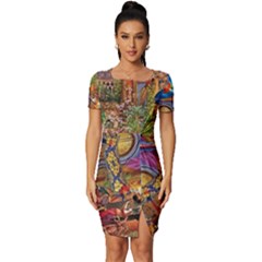 Arabian Street Art Colorful Peacock Tiger Man Parrot Horse Dancer Fantasy Fitted Knot Split End Bodycon Dress by Cemarart
