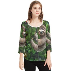 Sloth In Jungle Art Animal Fantasy Chiffon Quarter Sleeve Blouse by Cemarart