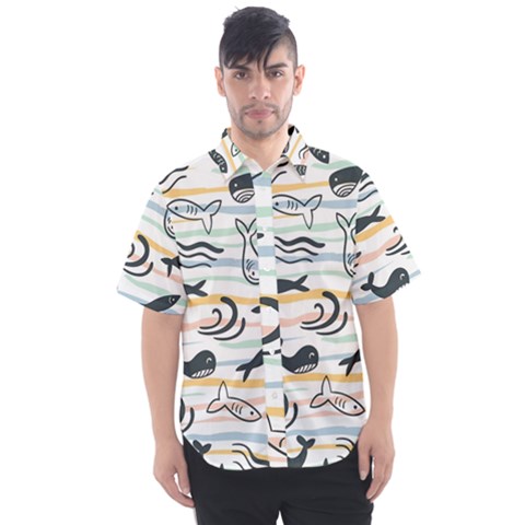 Seamless Vector Pattern With Little Cute Fish Cartoon Men s Short Sleeve Shirt by Cemarart