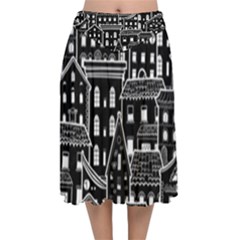 Dark Seamless Pattern With Houses Doodle House Monochrome Velvet Flared Midi Skirt by Cemarart