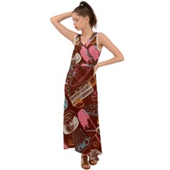 Sweet Food Seamless Pattern V-neck Chiffon Maxi Dress by Cemarart