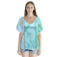 Background Marble Set V-neck Flutter Sleeve Top by Ndabl3x
