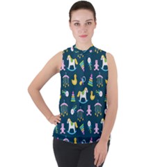 Cute Babies Toys Seamless Pattern Mock Neck Chiffon Sleeveless Top by Ndabl3x