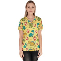 Seamless Pattern With Cute Dinosaurs Character Women s V-neck Scrub Top by Ndabl3x
