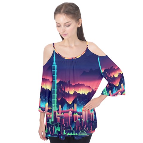 Cityscape Building Painting 3d City Illustration Flutter Sleeve T-shirt  by Bedest
