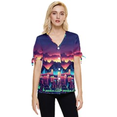 Cityscape Building Painting 3d City Illustration Bow Sleeve Button Up Top by Bedest