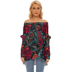 Vintage Flash Tattoos Designs Seamless Pattern Off Shoulder Chiffon Pocket Shirt by Bedest