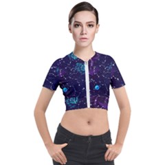 Realistic Night Sky With Constellations Short Sleeve Cropped Jacket by Cemarart