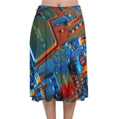 Gray Circuit Board Electronics Electronic Components Microprocessor Velvet Flared Midi Skirt by Cemarart