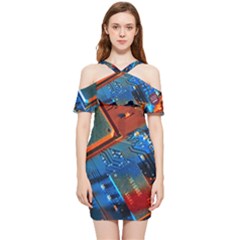 Gray Circuit Board Electronics Electronic Components Microprocessor Shoulder Frill Bodycon Summer Dress by Cemarart