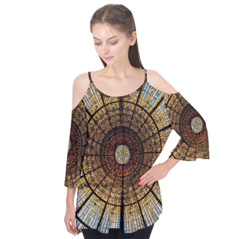 Barcelona Stained Glass Window Flutter Sleeve T-shirt  by Cemarart