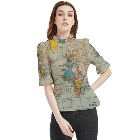 Vintage World Map Frill Neck Blouse by Proyonanggan