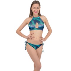 Geometric Pattern Design White Cross Front Halter Bikini Set by Ndabl3x