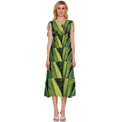 Banana Leaves Pattern V-neck Drawstring Shoulder Sleeveless Maxi Dress by goljakoff