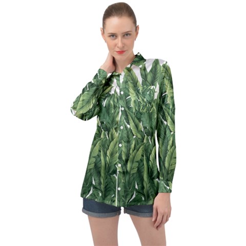 Tropical Leaves Long Sleeve Satin Shirt by goljakoff