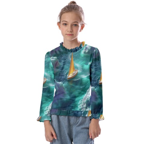 Mountain Birds River Sunset Nature Kids  Frill Detail T-shirt by Cemarart