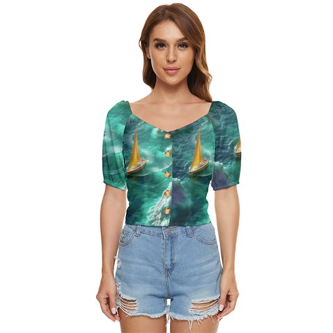 Valley Night Mountains Button Up Blouse by Cemarart