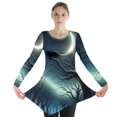 Moon Moonlit Forest Fantasy Midnight Long Sleeve Tunic  by Cemarart