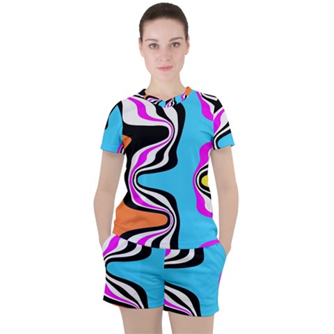 Liquid Warp Background Orange Blue Women s T-shirt And Shorts Set by Cemarart