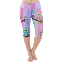Owls Family Stripe Tree Lightweight Velour Cropped Yoga Leggings by Bedest