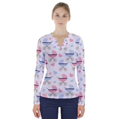 Pattern Stroller Carriage Texture V-neck Long Sleeve Top by Grandong
