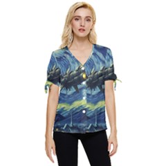Spaceship Starry Night Van Gogh Painting Bow Sleeve Button Up Top by Maspions