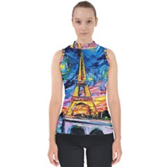 Eiffel Tower Starry Night Print Van Gogh Mock Neck Shell Top by Maspions