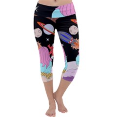 Girl Bed Space Planets Spaceship Rocket Astronaut Galaxy Universe Cosmos Woman Dream Imagination Bed Capri Yoga Leggings by Maspions
