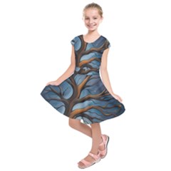 Tree Branches Mystical Moon Expressionist Oil Painting Acrylic Painting Abstract Nature Moonlight Ni Kids  Short Sleeve Dress by Maspions