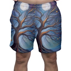 Tree Branches Mystical Moon Expressionist Oil Painting Acrylic Painting Abstract Nature Moonlight Ni Men s Shorts by Maspions