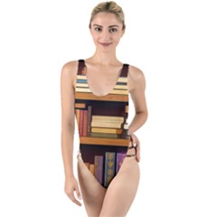 Book Nook Books Bookshelves Comfortable Cozy Literature Library Study Reading Room Fiction Entertain High Leg Strappy Swimsuit by Maspions