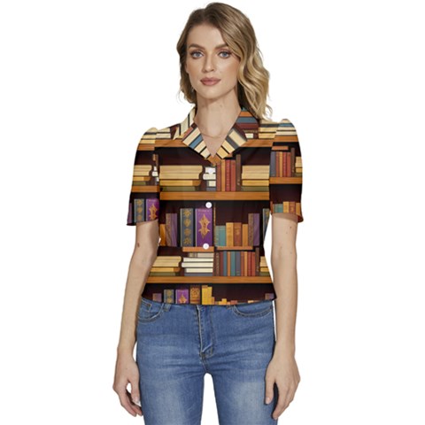 Book Nook Books Bookshelves Comfortable Cozy Literature Library Study Reading Room Fiction Entertain Puffed Short Sleeve Button Up Jacket by Maspions