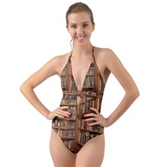 Room Interior Library Books Bookshelves Reading Literature Study Fiction Old Manor Book Nook Reading Halter Cut-out One Piece Swimsuit by Grandong