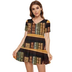 Room Interior Library Books Bookshelves Reading Literature Study Fiction Old Manor Book Nook Reading Tiered Short Sleeve Babydoll Dress by Grandong