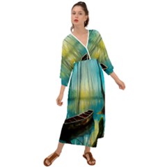 Swamp Bayou Rowboat Sunset Landscape Lake Water Moss Trees Logs Nature Scene Boat Twilight Quiet Grecian Style  Maxi Dress by Grandong