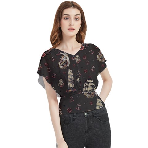 Vintage Tattoos Nautical Butterfly Chiffon Blouse by Apen