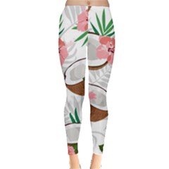 Seamless Pattern Coconut Piece Palm Leaves With Pink Hibiscus Everyday Leggings  by Apen