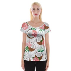 Seamless Pattern Coconut Piece Palm Leaves With Pink Hibiscus Cap Sleeve Top by Apen