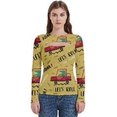 Childish Seamless Pattern With Dino Driver Women s Cut Out Long Sleeve T-shirt by Apen