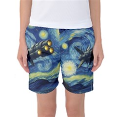 Spaceship Starry Night Van Gogh Painting Women s Basketball Shorts by Maspions