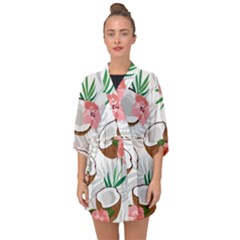 Seamless Pattern Coconut Piece Palm Leaves With Pink Hibiscus Half Sleeve Chiffon Kimono by Apen