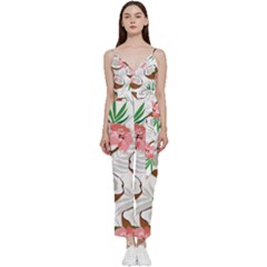 Seamless Pattern Coconut Piece Palm Leaves With Pink Hibiscus V-neck Camisole Jumpsuit by Apen