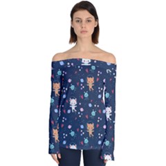 Cute Astronaut Cat With Star Galaxy Elements Seamless Pattern Off Shoulder Long Sleeve Top by Apen