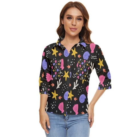 Sea Shells Pattern Wallpaper Fish Women s Quarter Sleeve Pocket Shirt by Maspions